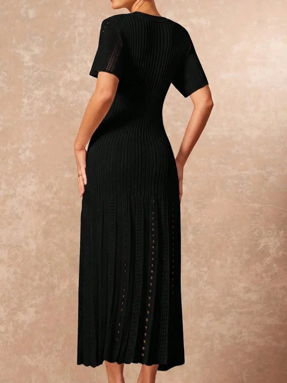 Black Elegant Women's Button Knit Short Sleeve Fishtail Skirt